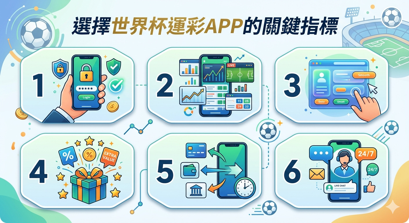 這張圖片展示了「選擇世界盃運彩APP的關鍵指標」，透過六個圖示說明安全性、數據分析、操作體驗、優惠活動、交易效率與客戶服務。 圖片整體風格現代且條理分明，強調了挑選優質運彩平台時應優先考量的核心要素。