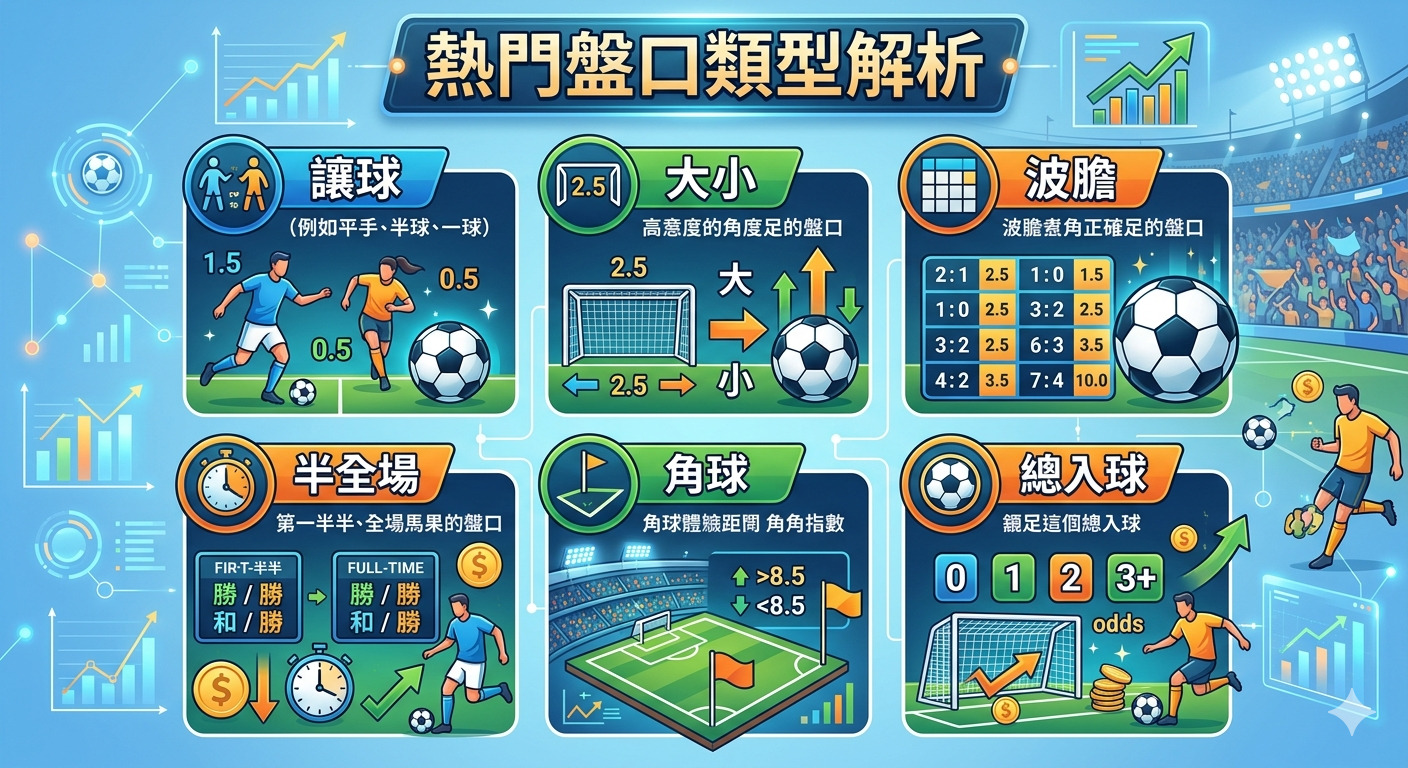 這張圖片呈現了足球投注中熱門盤口類型的解析與介紹。 透過圖表與數據視覺化，詳細說明了讓球、大小、波膽、半全場、角球及總入球等盤口規則。