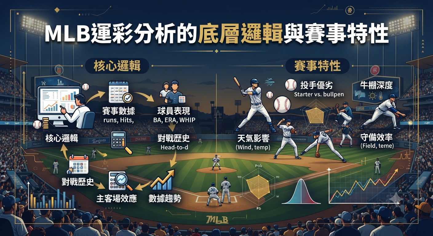 這張圖片以大聯盟棒球場為背景,上方醒目標示著「MLB運彩分析的底層邏輯與賽事特性」的核心標題。 畫面透過數據圖表、球員投打動作與分析流程圖,清晰呈現運彩背後的邏輯架構與賽事特性。
