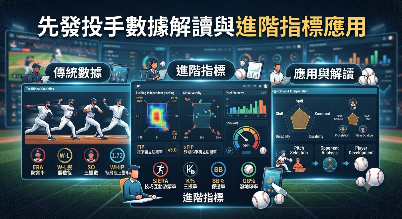 這張圖片以棒球數據分析為主題,背景充滿數據圖表與球場元素。 頂部醒目地標示著「先發投手數據解讀與進階指標應用」的繁體中文標題。